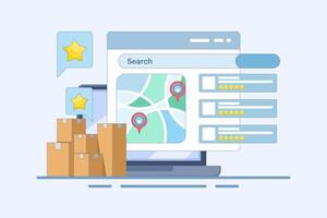 Customer Concept sharing feedback and reviews for search engine business listing, SEO business listing, SEO reviews. Flat design illustration on background with icons. vector