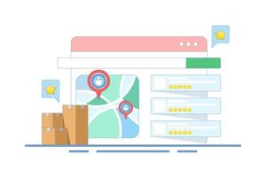 Concept of Customers sharing feedback and reviews for search engine business listings, SEO business listings, SEO reviews. Flat illustration on background. vector