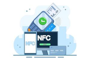 NFC Payment Concept, financial transaction, payment terminal and online payment card. using POS terminal and payment system. Modern flat cartoon style. Cartoon design illustration. vector