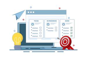 Project management, strategy and organization concept. Office desk with laptop and kanban board with tasks and sticker notes on the screen. Flat design illustration on the background. vector