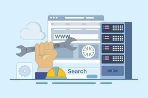 website repair and maintenance concept. website development. server and domain address repair and maintenance. services and technology. flat design illustration. vector