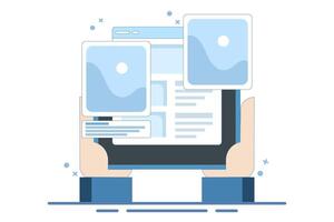 digital image gallery concept. watch photo album online using laptop computer. PC with internet, electronic photography image, web file. Minimalist flat design illustration. vector