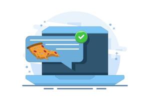 food notification concept. Phone with pizza notification on screen, flat cartoon phone with food delivery notification, smart phone with speech bubble and check mark. design illustration. vector