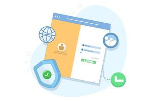 website security system concept. user login to secure website. website access. user information data protection and password. cyberspace and internet. flat cartoon design illustration. vector
