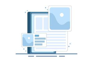 digital image gallery concept. watch photo album online using laptop computer. PC with internet, electronic photography image, web file. Flat design illustration on background. vector