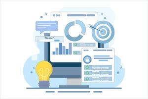 Project initiation concept. Project management, life cycle. Data analysis tasks. Business analysis. Project implementation provisions. Preparing documentation. Flat cartoon design illustration. vector
