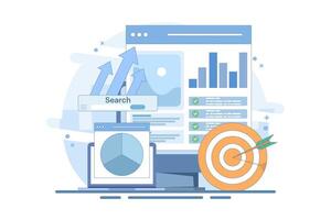 SEO Optimization Concept, Web Analytics and Social Media Marketing SEO. Web Analytics, SEO Optimization. Social Media Marketing. Website Strategy and Planning. Flat design illustration. vector