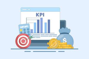 KPI Concept, Business Technical Key Performance Indicators, Performance Evaluation and Dynamics in Dashboard, Strategy, Data Report, Efficient Workflow, Business Intelligence. Flat Illustration. vector