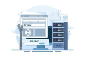 website repair and maintenance concept. website development. server and domain address repair and maintenance. services and technologies. design illustration in the background. vector