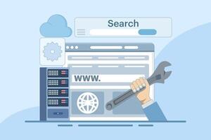 website repair and maintenance concept. website development. server and domain address repair and maintenance. services and technologies. cartoon style design illustration in the background. vector