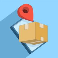 Cardboard package concept with location pins, representing shipping, delivery service or logistics tracking. Accurate delivery, e-commerce graphics. Flat illustration on background. vector