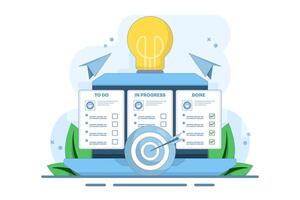 Project management, strategy and organization concept. Office desk with laptop and kanban board with tasks and sticker notes on the screen. Cartoon design illustration on the background. vector