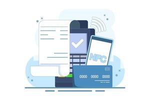 NFC Payment Concept, financial transaction, payment terminal and online payment card. using POS terminal and payment system. Modern flat cartoon style. Design illustration on background. vector