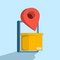 Concept of cardboard package with location pin, representing shipping, delivery service or logistics tracking. Accurate delivery, e-commerce graphic. Simple flat design illustration. vector