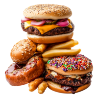 Stack of Appetizing Burgers with Colorful Donuts and Fries png