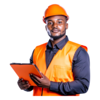 Confident Construction Worker in Safety Gear Holding Tablet Device png