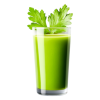 Fresh Green Vegetable Juice in a Clear Glass with Celery Garnish png