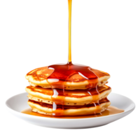 Delicious Stack of Pancakes with Drizzling Maple Syrup on Plate png