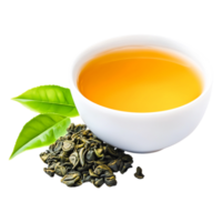 Fresh Green Tea Leaves in White Bowl with Loose Tea on Surface png