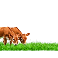 Two Young Calves Grazing on Fresh Green Grass in Sunny Field png