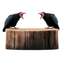 Two Black Vultures on a Rustic Wooden Log with Open Beaks png