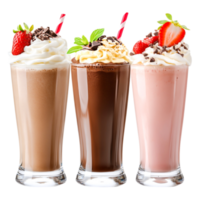 Three Delicious Milkshakes in Glasses with Toppings and Straws png