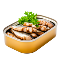 Freshly Packed Seafood in Open Tin with Garnish of Green Herbs png