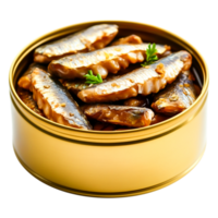 Delicious Canned Fish with Sauce and Garnish in Decorative Tin png