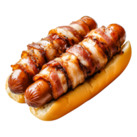 Grilled Hot Dog Wrapped in Crispy Bacon on Soft Bread Roll png