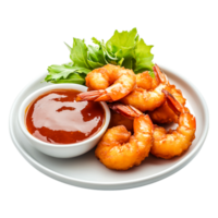 Crispy Fried Shrimp with Tangy Sauce and Fresh Lettuce Garnish png