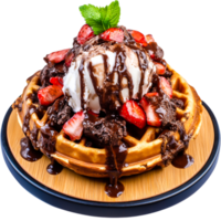 Decadent Chocolate Waffle with Ice Cream and Fresh Strawberries png