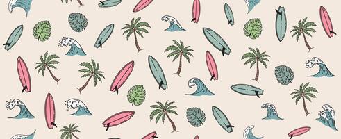 Summer pattern with surfboard and wave, hand drawn illustration. vector