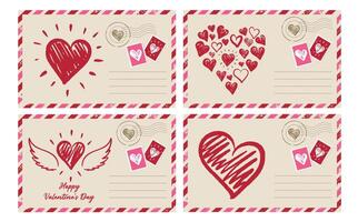 Postcard set, mail with Heart, hand drawn. vector