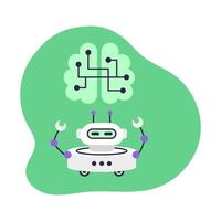 Robot and Brain with chips on green background. Concept of health and artificial intelligence. Isolated illustration. vector