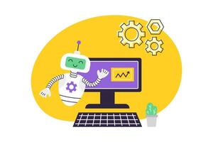 AI Robot assistant points at computer. Artificial Intelligence Data Analytics. Business and Education Concept. Isolated illustration On yellow background. vector