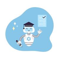AI Robot assistant points at form with mark. In other hand robot holds pencil. Distance education concept. Artificial Intelligence Virtual Assistant. Isolated illustration. vector