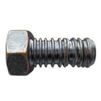 Sturdy metal bolt with a hexagonal head and threaded body lying horizontally showcasing its industrial and rugged texture png