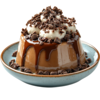 Caramel pudding dessert drizzled with rich chocolate sauce topped with whipped cream and chocolate shavings on a ceramic plate png