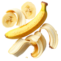Ripe bananas both whole and sliced arranged in a cascading manner with soft yellow peels curling to reveal the fresh fruit inside png