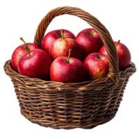 Wicker basket filled with glossy red apples resting on a plain surface with fresh green leaves peeking between the ripe fruits png