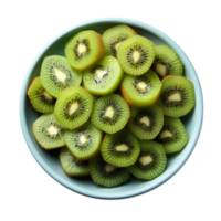 Sliced kiwi fruits arranged in a blue bowl with their bright green flesh and tiny black seeds forming a visually appealing pattern png