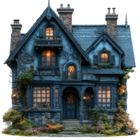 Mysterious dark blue house with glowing windows symbolizing intrigue and the eerie charm of a gothic architectural wonder png