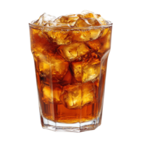 Glass of iced cola with large ice cubes and a rich caramel hue symbolizing refreshment and the cool satisfaction of fizzy drinks png