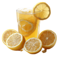 Refreshing glass of lemonade with floating lemon slices and ice cubes represents summer vitality and the invigorating taste of citrus refreshment png