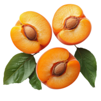 Fresh apricots sliced in half revealing their goldenorange flesh and deep brown seeds with a few green leaves adding contrast png