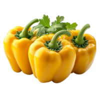 Cluster of fresh yellow bell peppers with glossy surfaces and green stems look crisp making them a vibrant nutritious and delicious ingredient for salads stirfries and grilling png