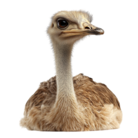 Curious ostrich with a long slender neck and wide brown eyes gazing forward with its soft feathery plumage appearing slightly ruffled png