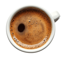 Cup of rich espresso with a golden brown crema on top sits in a white mug making it a strong aromatic and energizing beverage loved by coffee enthusiasts around the world png
