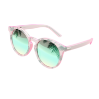 Pink sunglasses with a translucent frame and mirrored lenses reflecting palm trees representing style protection and the fashionable accessory that shields eyes while adding a trendy and modern touch png