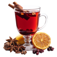 Mulled wine in a glass mug infused with spices orange slices and cinnamon sticks representing warmth comfort and the seasonal delight of a fragrant and flavorful drink enjoyed in cold weather png